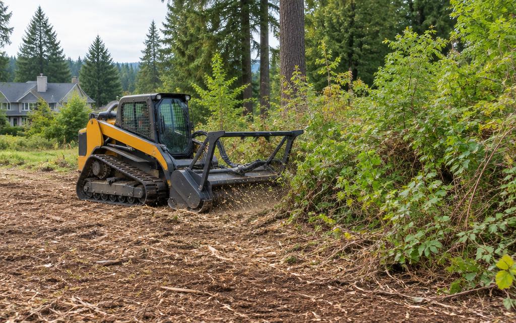 Tracked forestry mulcher clearing brush while preserving mature trees