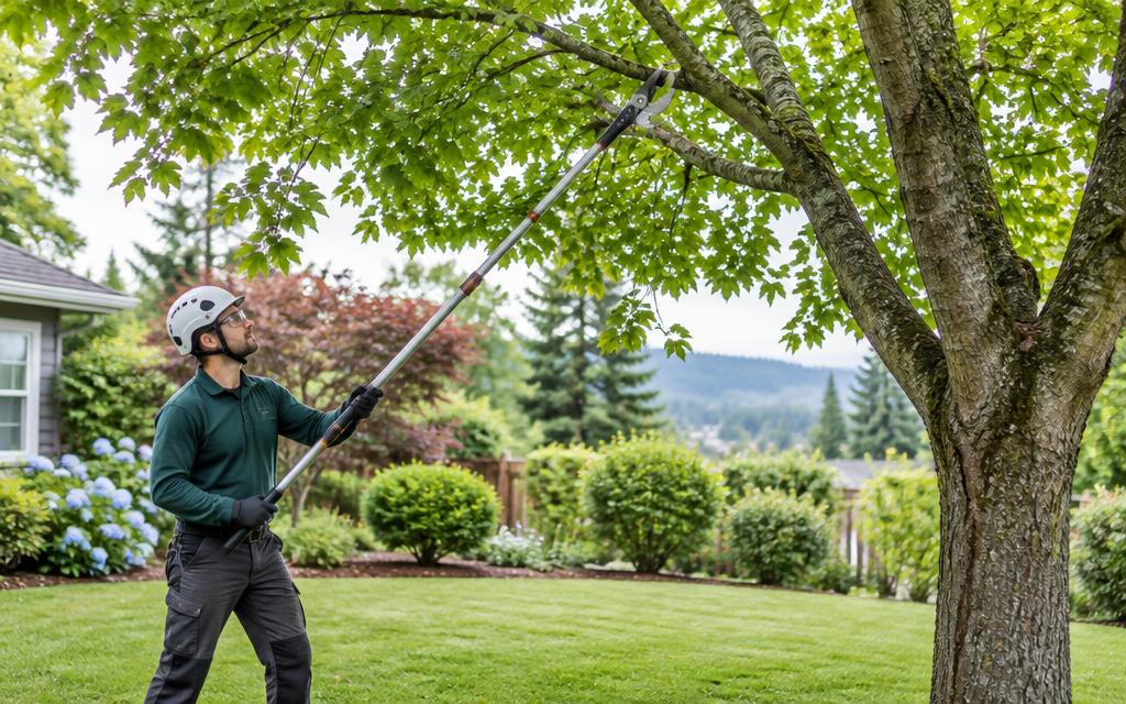Arborist pruning a tree with pole shears